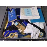 MASONIC REGALIA - briefcase with apron contents, medals, literature ETC