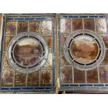 LEADED GLASS PANELS, a pair featuring historical buildings, 53 x 37cms A/F