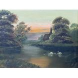 OIL ON CANVAS - river and treescape scene with two swans to the foreground, signed 'C M N 1916',