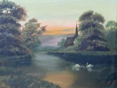 OIL ON CANVAS - river and treescape scene with two swans to the foreground, signed 'C M N 1916',