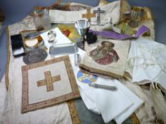 ECCLESIASTICAL EMBROIDERED VESTMENT, stole and associated cloths, silver bread box, EPNS chalice and