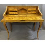 VINTAGE FRENCH STYLE BOMBE FORM LADY'S BUREAU having profuse inlaid floral panels in burr walnut and