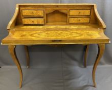 VINTAGE FRENCH STYLE BOMBE FORM LADY'S BUREAU having profuse inlaid floral panels in burr walnut and