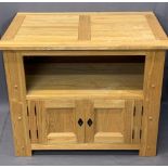 MODERN BLONDE OAK ENTERTAINMENT UNIT, rectangular top over central open section and twin lower
