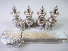 SILVER TOPPED DRESSING TABLE POTS (2) and a quantity of EPNS Arthur Price and other cruets, the