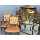 EDWARDIAN OVERMANTLE MIRROR and two reproduction button back upholstered armchairs, 135.5cms H,