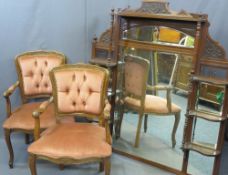 EDWARDIAN OVERMANTLE MIRROR and two reproduction button back upholstered armchairs, 135.5cms H,