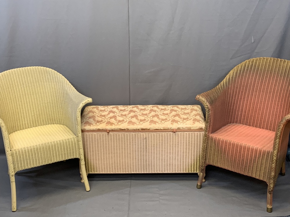 LLOYD LOOM LUSTY FURNITURE, 3 items to include two armchairs, one pink and gilt, the other cream