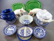 TWO PORCELAIN PIGS, approximately 30cms long, Blue & White dinnerware including tureen ETC