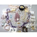 MIXED COSTUME JEWELLERY - silver stone set rings including Agates, Amethyst and other coloured beads