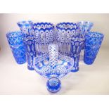 BOHEMIA TYPE GLASSWARE IN BLUE, four pairs of vases, 31cms the tallest, a basket ETC