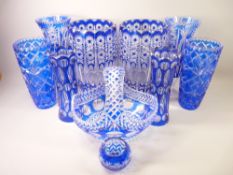 BOHEMIA TYPE GLASSWARE IN BLUE, four pairs of vases, 31cms the tallest, a basket ETC