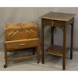 VINTAGE OAK CANTILEVER SEWING BOX & CONTENTS and a circa 1900 single drawer two-tier side table,