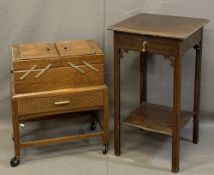 VINTAGE OAK CANTILEVER SEWING BOX & CONTENTS and a circa 1900 single drawer two-tier side table,