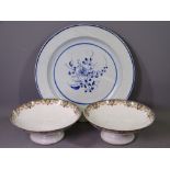 EARLY BLUE & WHITE CHARGER, 34cms Diameter and a pair of Limoges pedestal bowls, 22cms Diameter