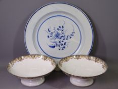 EARLY BLUE & WHITE CHARGER, 34cms Diameter and a pair of Limoges pedestal bowls, 22cms Diameter