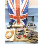 MILITARIA, RAF Coat of Arms, Flying Helmet, altitude dial. Also, two Gimbal compasses, a brass