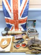 MILITARIA, RAF Coat of Arms, Flying Helmet, altitude dial. Also, two Gimbal compasses, a brass