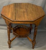 GOOD EDWARDIAN WALNUT OCTAGONAL TOP TABLE with galleried under-tier shelf on turned and block