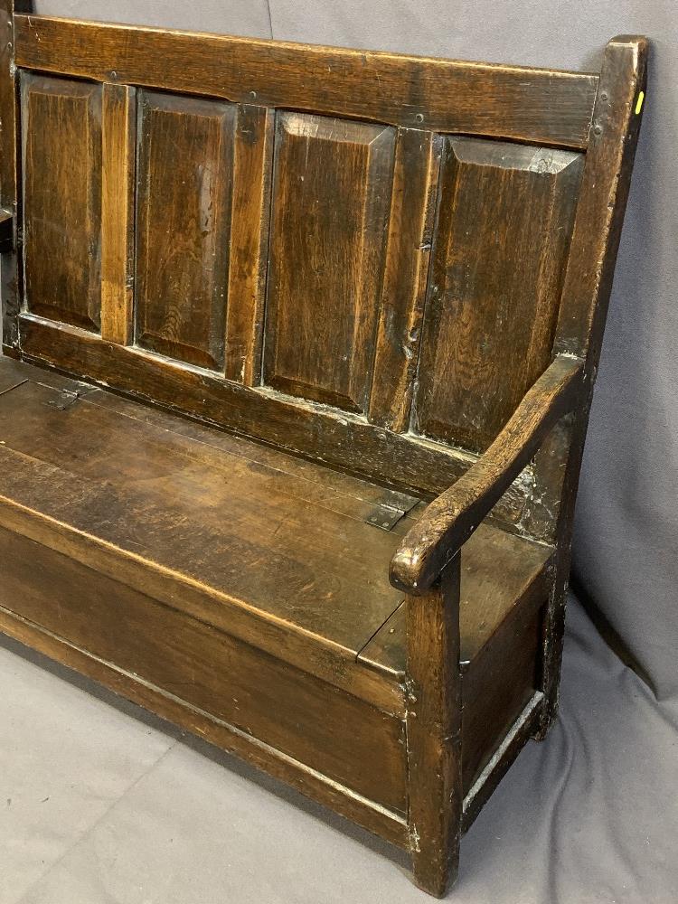 NEATLY PROPORTIONED ANTIQUE OAK BOX SEATED BENCH, peg joined construction with four chamfered panels - Image 3 of 5