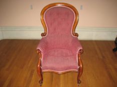 LADY'S MAHOGANY SPOONBACK VICTORIAN ARMCHAIR curved scrolled back and buttoned upholstery, with