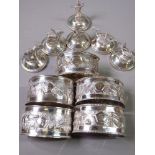 SIAM STERLING SILVER ITEMS to include six circular based menu holders depicting dancers, mythical