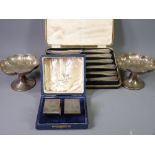 SILVER BONBON DISHES, Art Deco napkin rings and a cased set of six silver handled knives, the