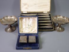 SILVER BONBON DISHES, Art Deco napkin rings and a cased set of six silver handled knives, the