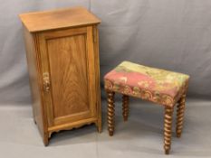 WALNUT BARLEY TWIST FOOTSTOOL and a mahogany single door bedside cabinet, 45cms H, 45cms W, 27cms
