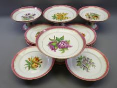 STAFFORDSHIRE DINNERWARE, pink and gilt edged, pedestal plates and others