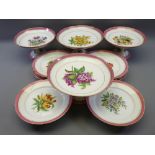 STAFFORDSHIRE DINNERWARE, pink and gilt edged, pedestal plates and others