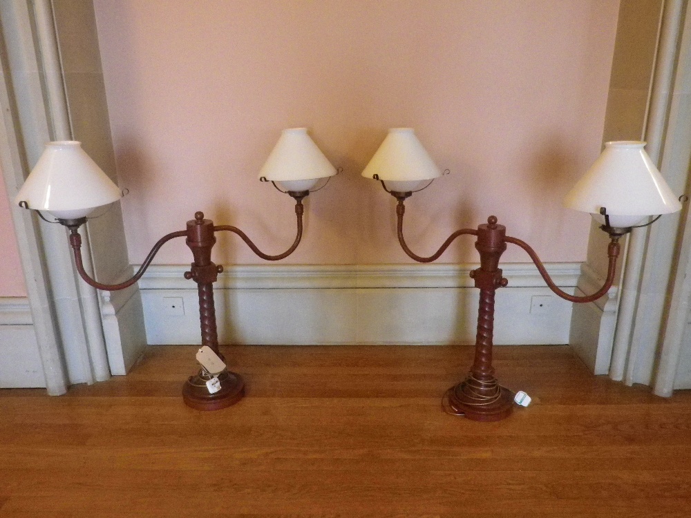 REPRODUCTION SCUMBLED METAL TWIN BRANCH LAMPS in the form of vintage wig stands with white glass