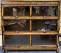 VINTAGE OAK DOUBLE WIDTH GLOBE WERNICKE STYLE THREE SECTION STACKING BOOKCASE, 117cms H, 128.5cms W,