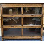 VINTAGE OAK DOUBLE WIDTH GLOBE WERNICKE STYLE THREE SECTION STACKING BOOKCASE, 117cms H, 128.5cms W,