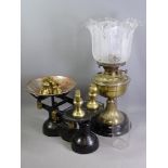 BRASS OIL LAMP with an etched glass shade and vintage scales with brass weights