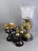 BRASS OIL LAMP with an etched glass shade and vintage scales with brass weights