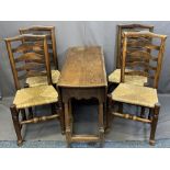 ANTIQUE OAK GATELEG DINING TABLE with single end drawer and four rush seat ladderback farmhouse