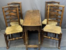 ANTIQUE OAK GATELEG DINING TABLE with single end drawer and four rush seat ladderback farmhouse