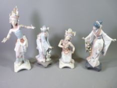 LLADRO PORCELAIN FIGURINES (4) to include Geisha Girl Mayumi picking flowers No 1449 (small finger