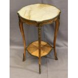 FRENCH STYLE KINGWOOD MARBLE TOP TWO-TIER OCCASIONAL TABLE with brass mounts, 74.5cms H, 45 x