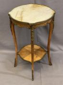 FRENCH STYLE KINGWOOD MARBLE TOP TWO-TIER OCCASIONAL TABLE with brass mounts, 74.5cms H, 45 x