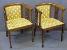 EDWARDIAN INLAID TUB ARMCHAIRS, A PAIR in classically styled re-upholstery, 75.5cms H, 55cms W, 43.