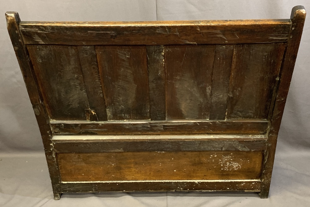 NEATLY PROPORTIONED ANTIQUE OAK BOX SEATED BENCH, peg joined construction with four chamfered panels - Image 5 of 5