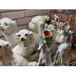 STAFFORDSHIRE FLATBACKS, spill holders and dogs including a pair of zebras A/F