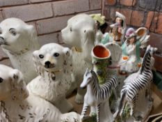 STAFFORDSHIRE FLATBACKS, spill holders and dogs including a pair of zebras A/F