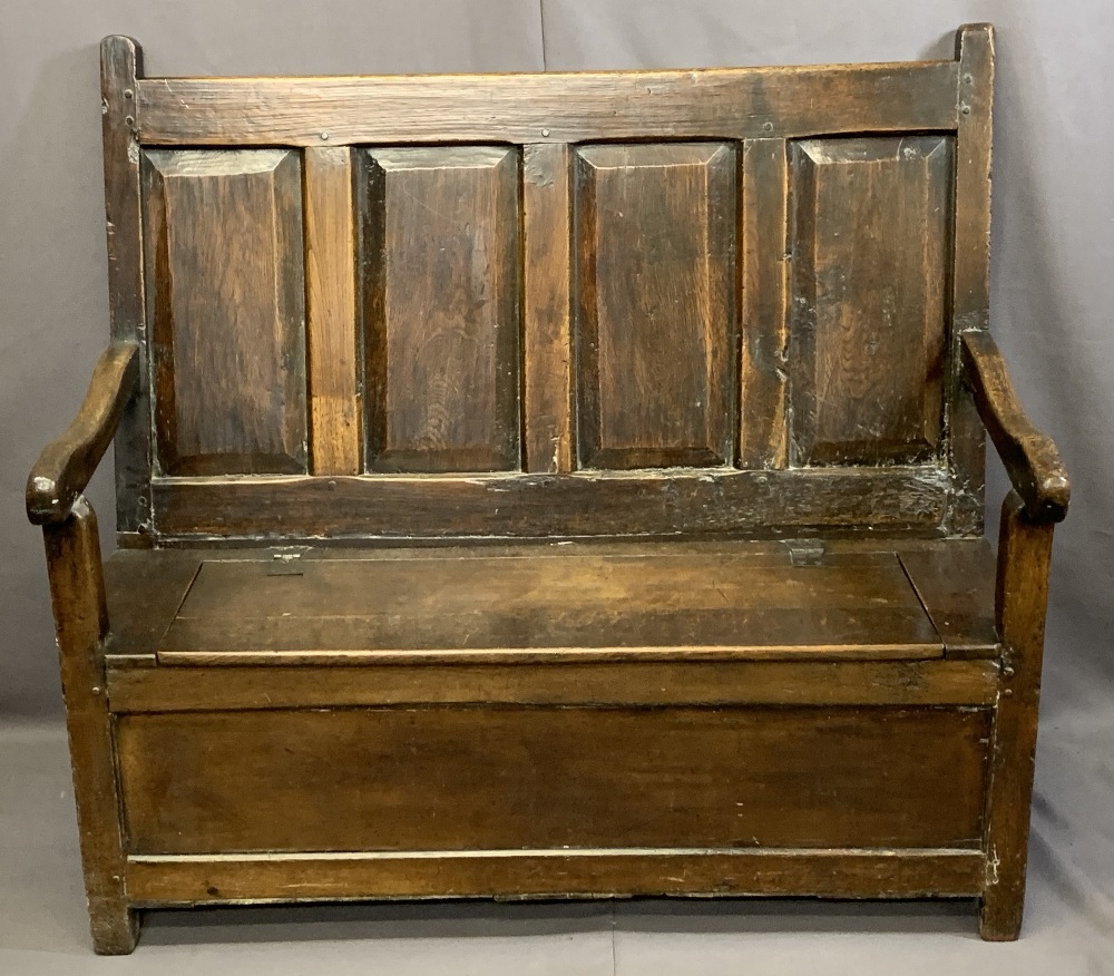 NEATLY PROPORTIONED ANTIQUE OAK BOX SEATED BENCH, peg joined construction with four chamfered panels