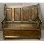 NEATLY PROPORTIONED ANTIQUE OAK BOX SEATED BENCH, peg joined construction with four chamfered panels