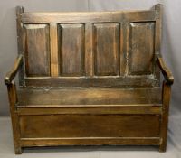 NEATLY PROPORTIONED ANTIQUE OAK BOX SEATED BENCH, peg joined construction with four chamfered panels