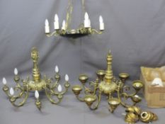 VINTAGE FRENCH STYLE CEILING CHANDELIERS (3) including a cast brass pair of eight branch with scroll