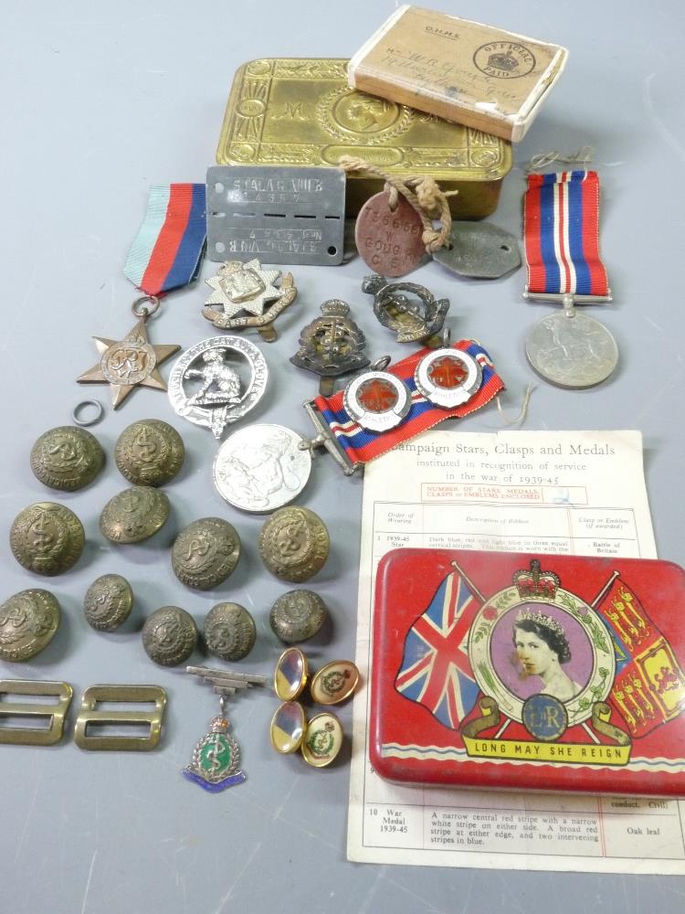 WWI & II MEMORABILIA including an unmarked WWII medals, pair in original posting box to W R Gough,